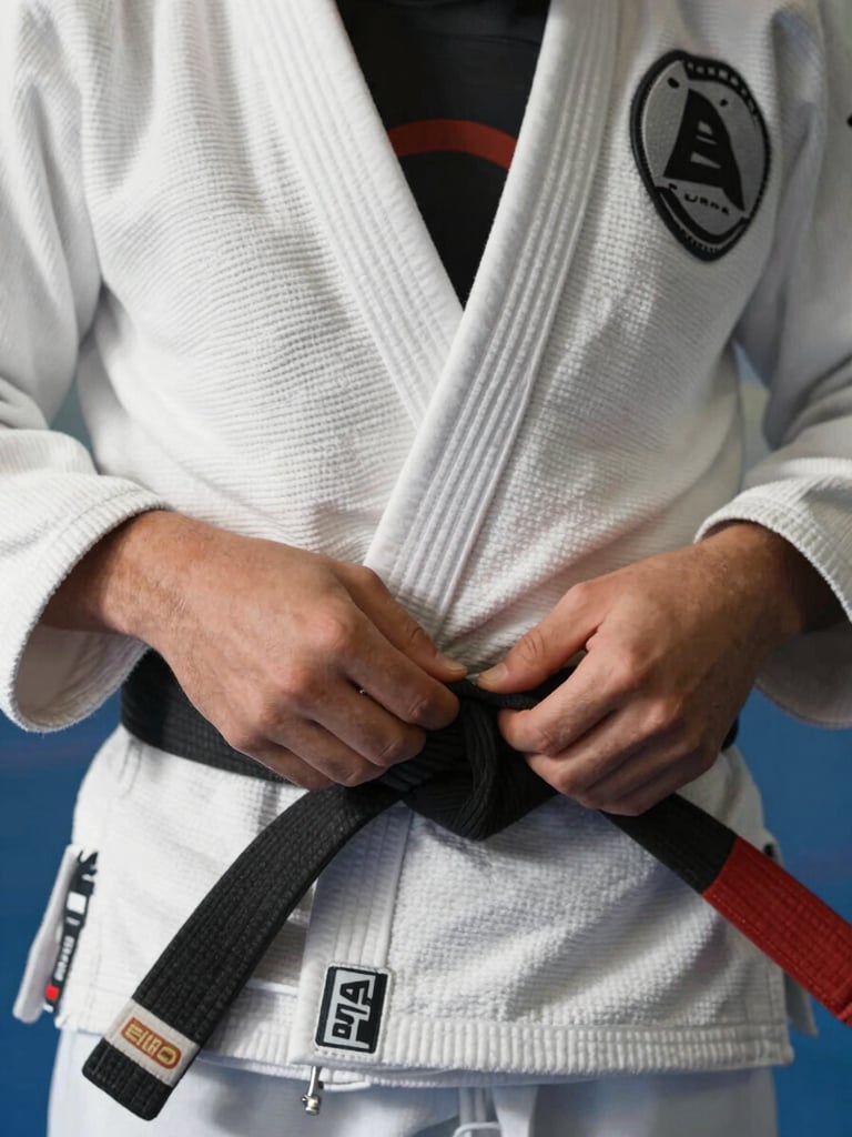 Close-up focado nas mãos de um jovem amarrando a faixa de jiu-jitsu, luz solar natural e brilhante realçando a textura do tecido.