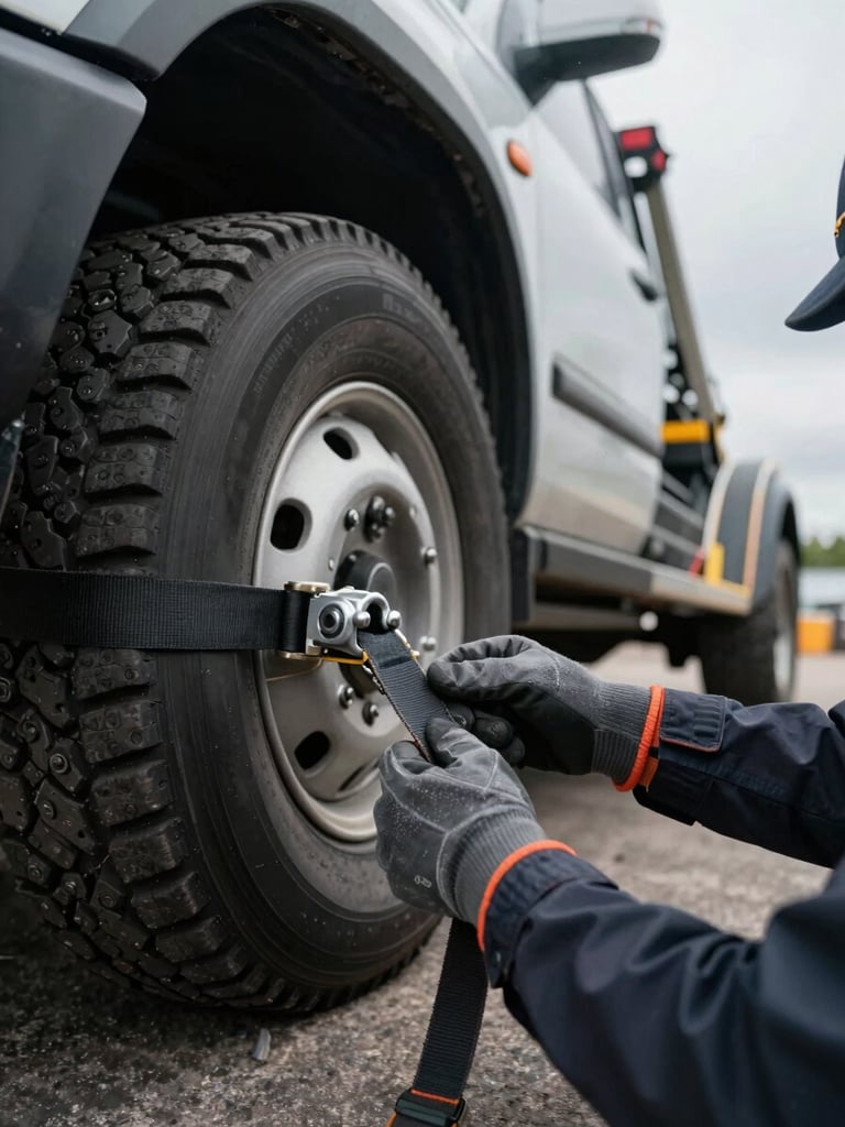 Close-up from ground level: operator's gloved hands tightening a recovery strap around a vehicle axle, heavy tow rig visible in background, overcast daylight, rigging hardware in sharp focus, industrial yard surface underfoot
