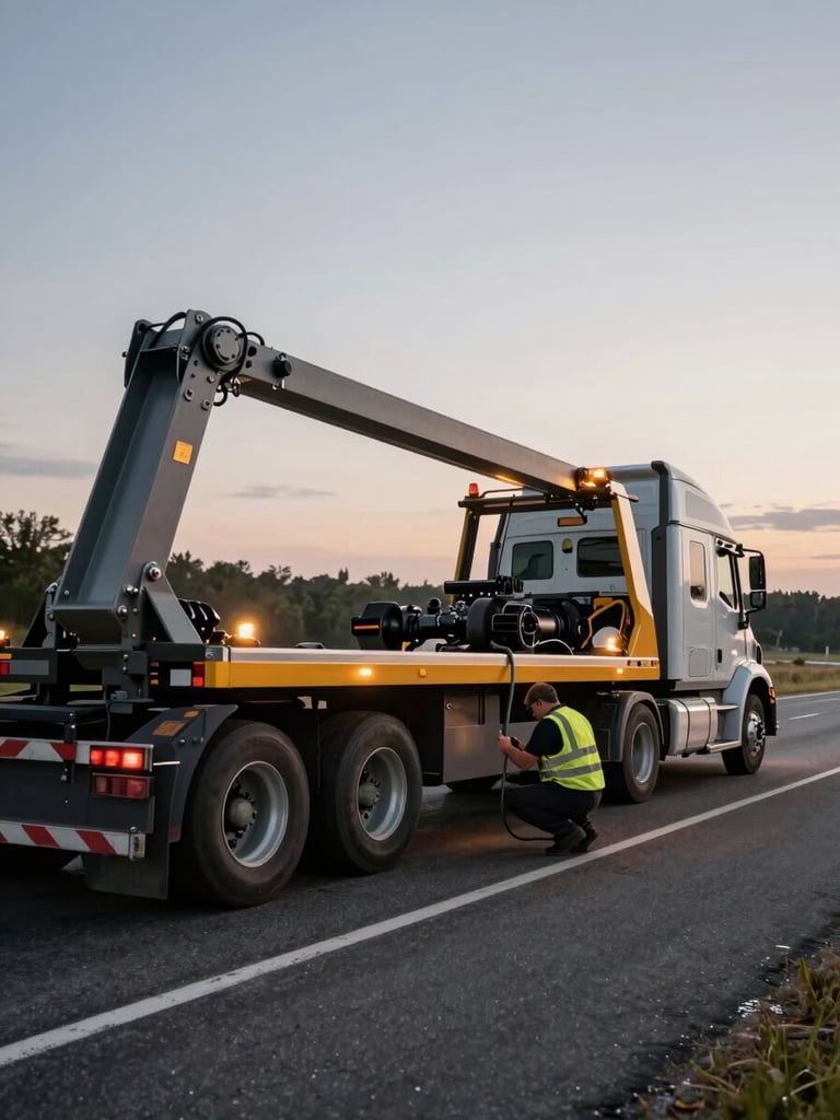 Wide roadside scene, overcast dawn light — close-to-medium shot of a loaded semi-truck being rigged to a heavy-duty recovery tow rig, operator in high-visibility vest crouching to attach cable to the chassis, wet asphalt highway shoulder, warning lights casting amber glow on the steel rigging hardware