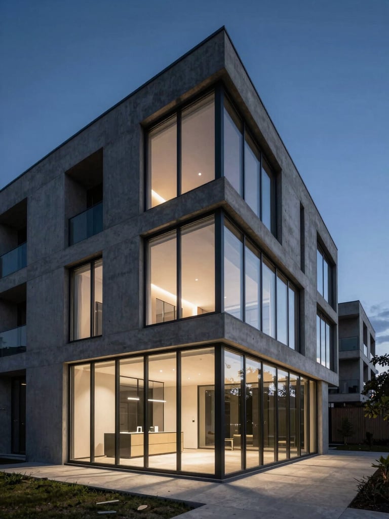 Dramatic architectural perspective of a concrete and glass residential structure at twilight, high-contrast interior shadows, sharp focus.