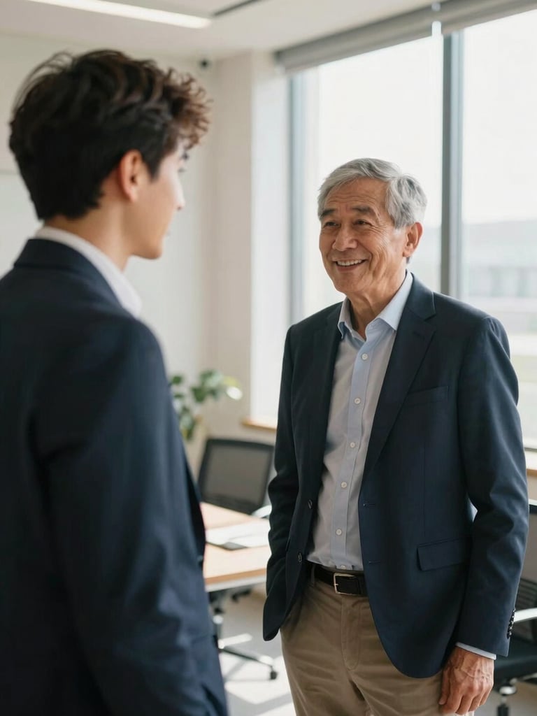A humanized corporate portrait of two business partners, an older founder and a younger successor, talking warmly in a sunlit office, shallow depth of field, 35mm photography.