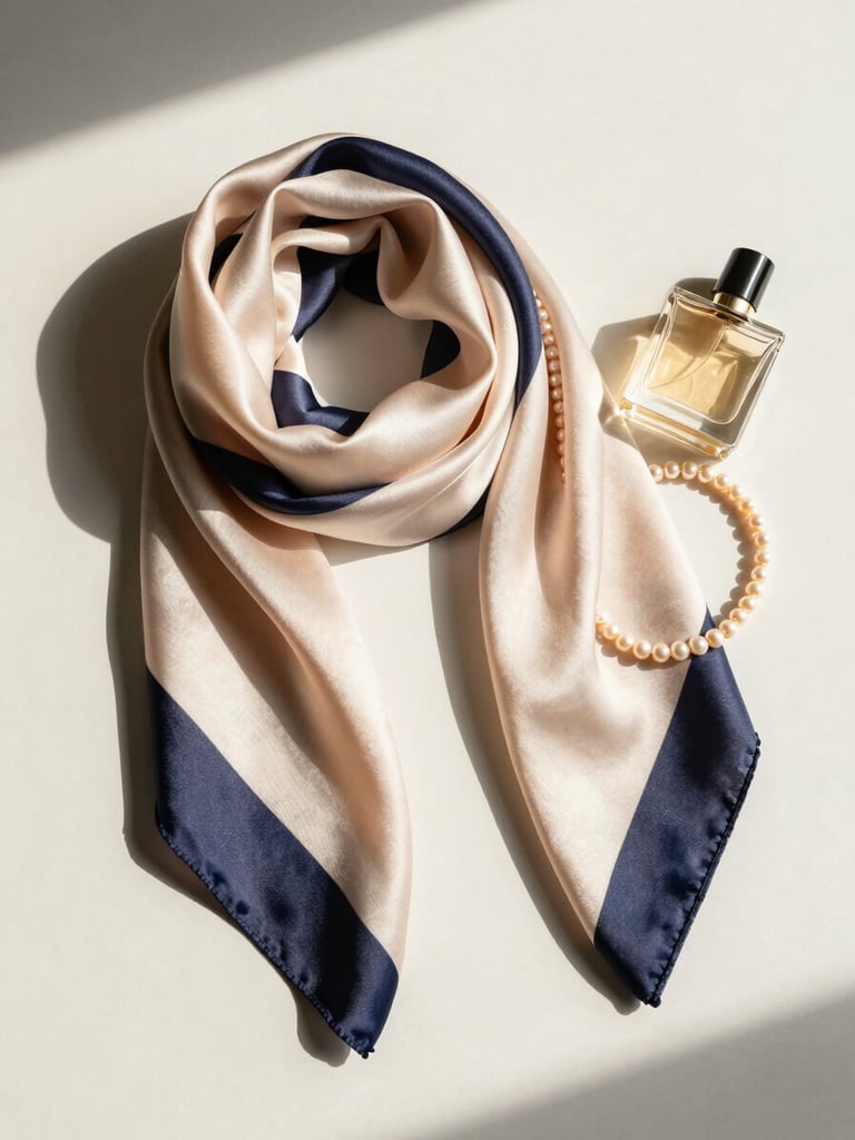 Overhead flat-lay of a curated feminine collection—silk scarf folded precisely, pearl necklace coiled beside a perfume bottle, all on pale cream surface under bright studio daylight, north-facing light, no shadows