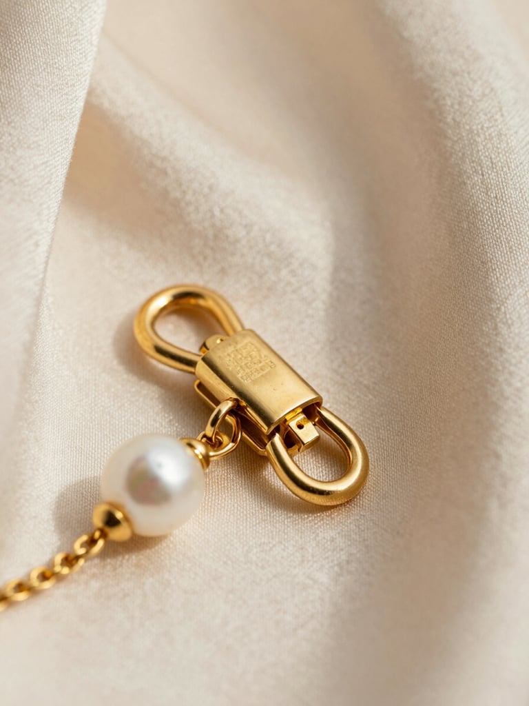 Extreme close-up of gold and pearl jewelry clasp hardware resting on cream silk fabric, bright north-facing daylight, fine detail of metal texture and luster, editorial still-life framing