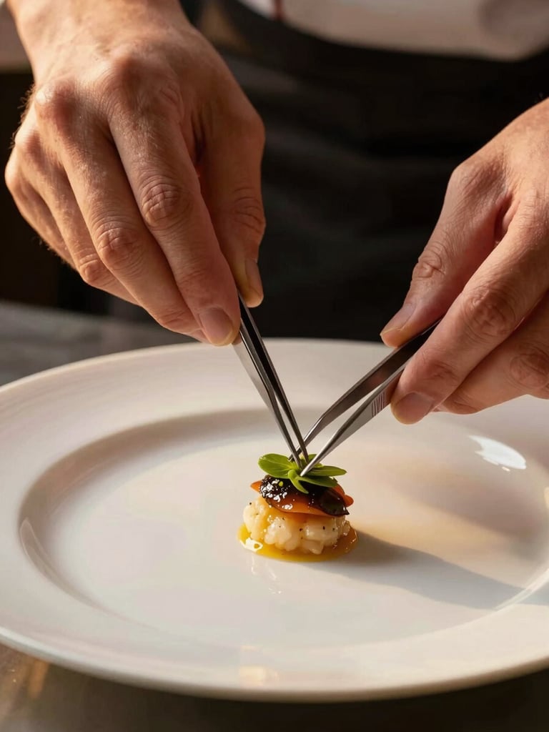 Close-up of a chef's hands using tweezers to place a single edible garnish on a pristine white porcelain plate, warm golden-hour light from one side, dark out-of-focus kitchen background, extreme macro framing revealing the precision of each placement