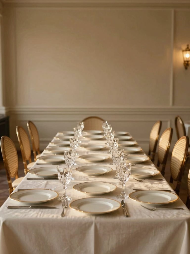 Wide editorial shot of a pre-service banquet table in a grand ballroom — ivory linen, polished crystal glassware, and gold-rimmed service plates arranged in precise symmetry, shot straight-on at table height in warm golden-hour light, no guests, generous negative space above the table line