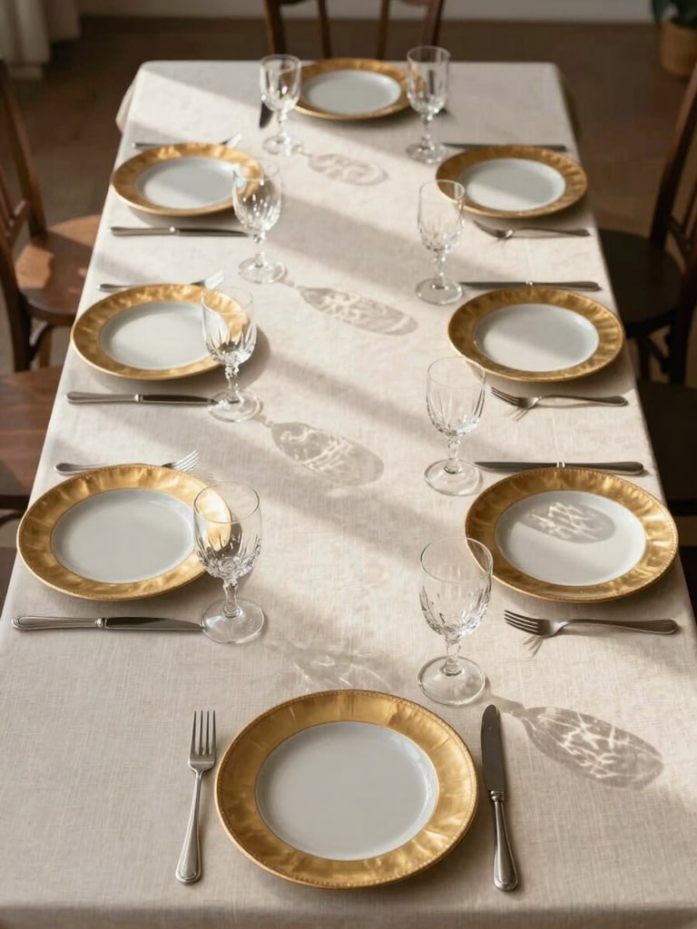 Overhead wide-angle shot of an elegantly set banquet table, cream linen, polished crystal glassware and gold-rimmed charger plates arranged in precise symmetry, soft natural north-facing daylight raking across the surface, generous negative space above, no people present