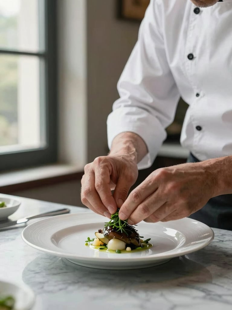 Editorial portrait-format image of a chef's hands carefully placing a herb garnish on a white service plate, natural north-facing light from a tall window to the left, marble prep surface, fine detail visible in the plating precision