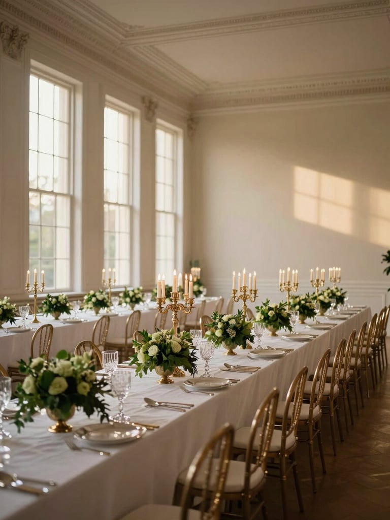 Wide panoramic view of an empty luxury ballroom set for a formal dinner — long white-linen tables dressed with crystal glassware, gold candelabras, and deep-green floral centerpieces, warm golden-hour light streaming through tall windows at left, generous negative space in the upper right quadrant, no people present