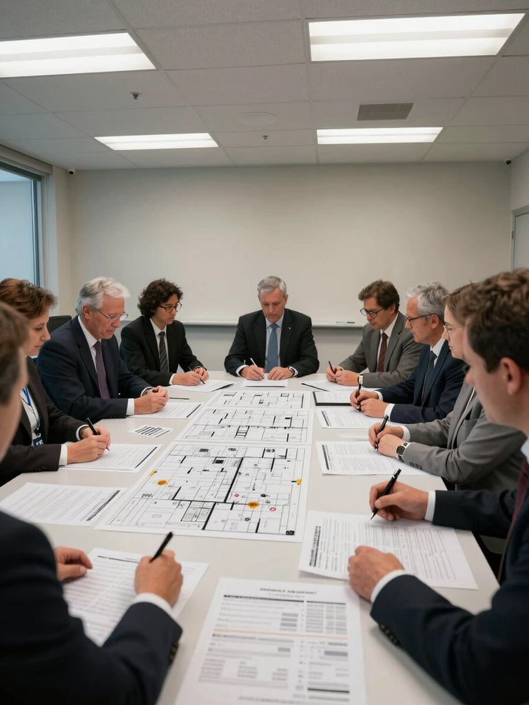 Wide environmental shot of a corporate briefing room, delegates seated around a table reviewing printed trade show floor plans and manifests under bright overhead fluorescent light, documents spread flat, no faces visible, clinical and operational