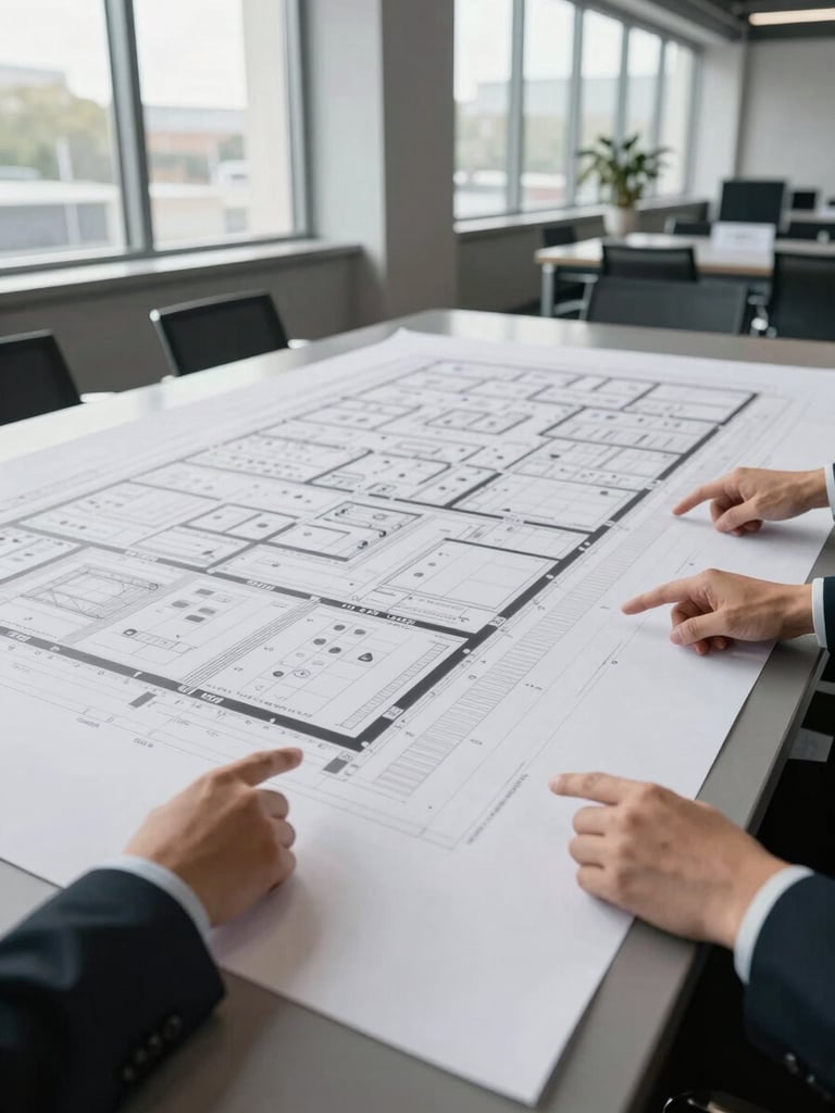 Wide panoramic shot of a large trade show floor plan unfolded across a conference table, two sets of hands pointing at booth coordinates, bright north-facing daylight through tall windows, charcoal and white tones, clinical documentary framing