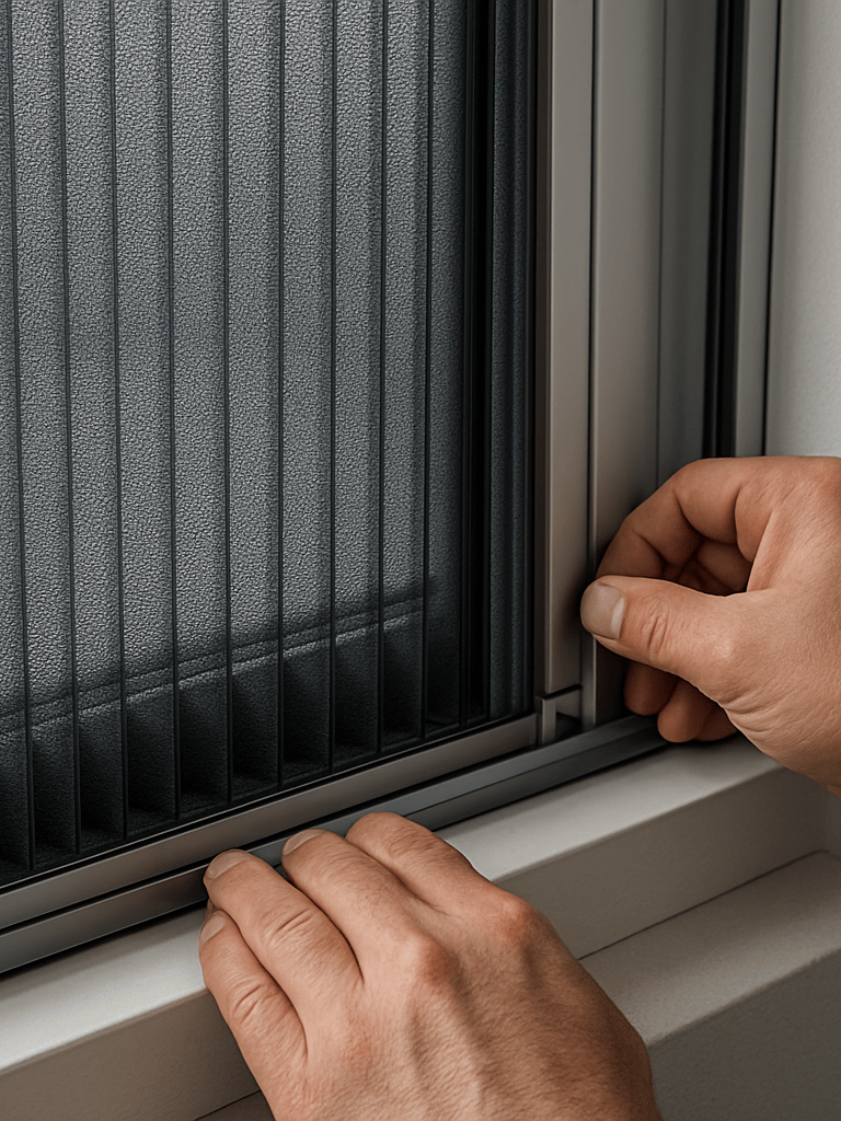 Close-up of a plisse screen system folded and extended in a window frame, installer's hands adjusting the track alignment, overcast daylight showing the mesh tension and frame gap clearance, no lifestyle context