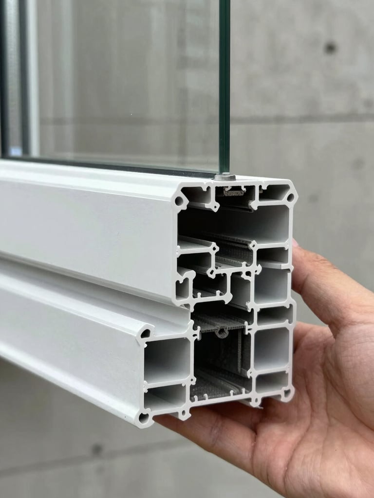 Extreme close-up of a PVC window multi-chamber profile cross-section held at eye level by installer's hand, overcast north-facing daylight illuminating the chamber walls and drainage channels, concrete wall background out of focus, no branding visible
