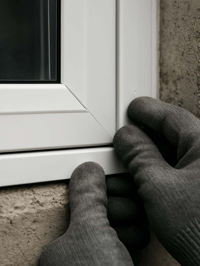 Extreme close-up of a PVC window frame corner joint being pressed flush into a concrete wall opening, installer's gloved hands positioning the frame with precision, natural overcast daylight revealing the tight seal line between frame and wall, no gap visible, concrete texture sharp in focus