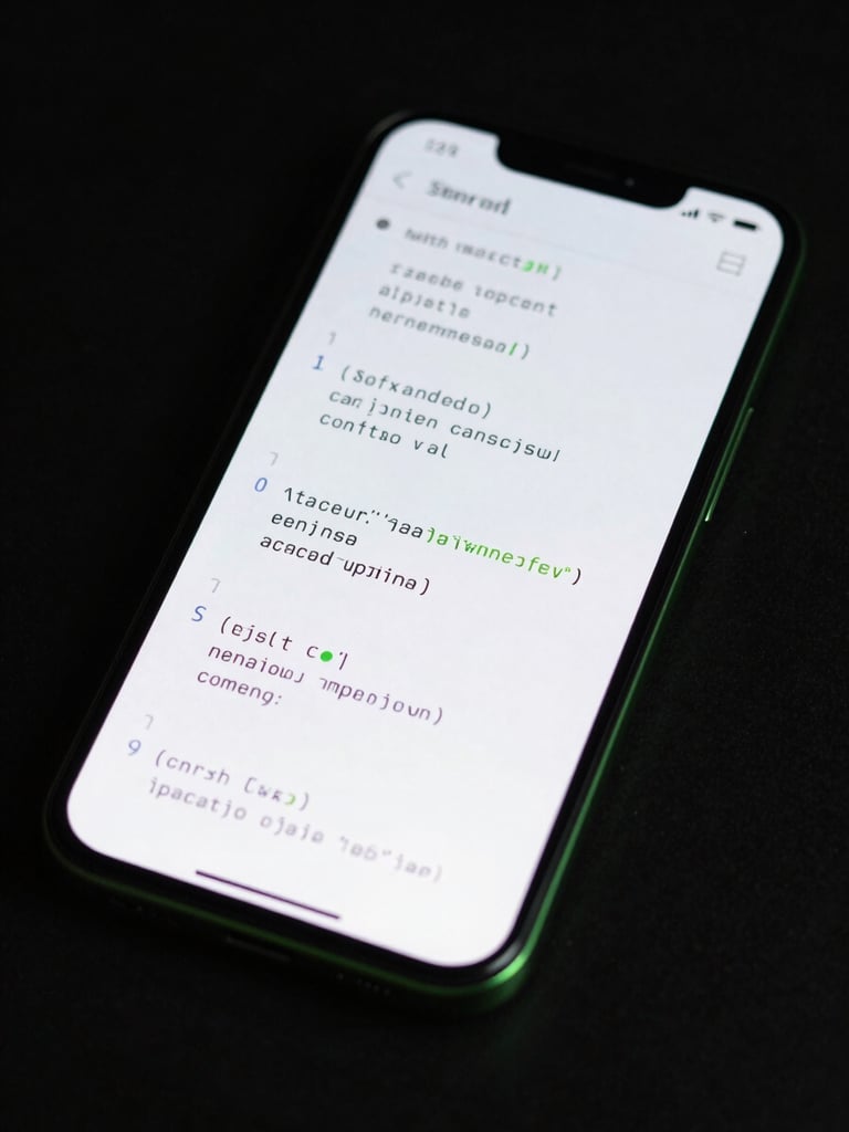 Sleek macro photography of a high-end Android phone displaying clean code blocks in a dark terminal environment, subtle green edge glow