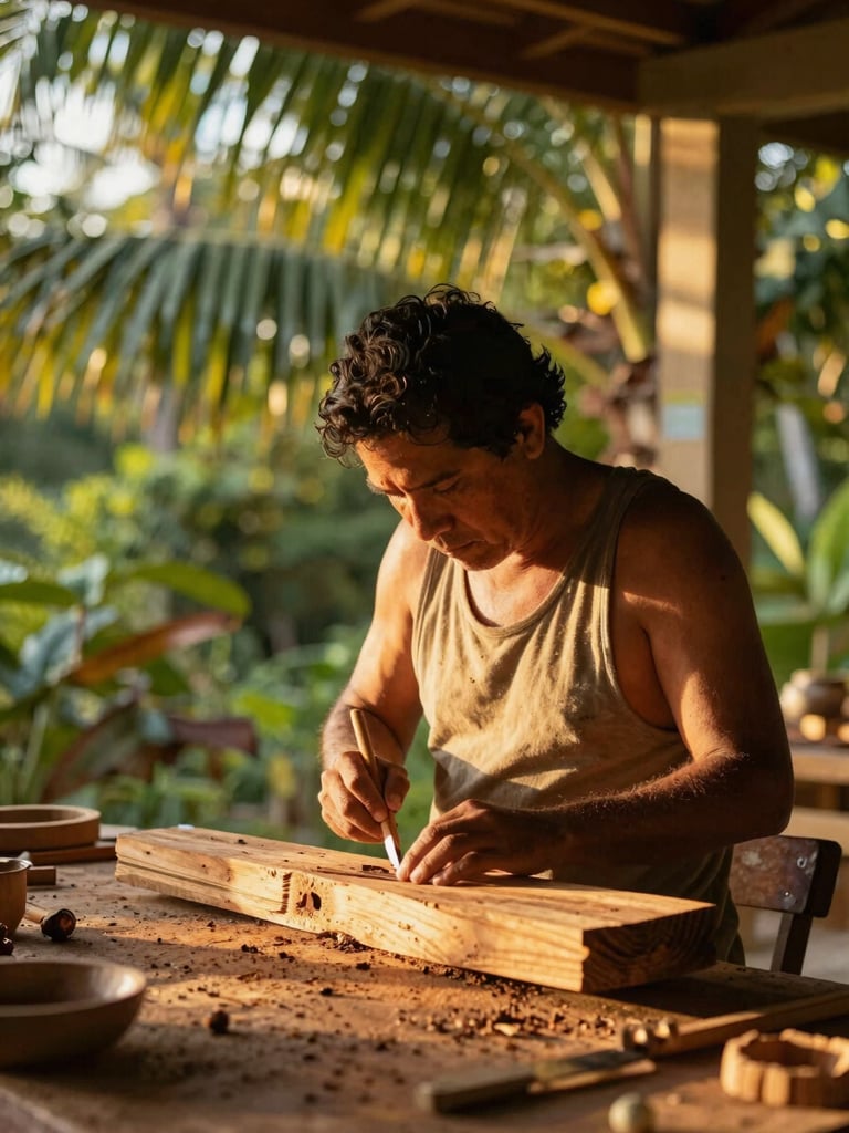 Candid documentary-style shot of a local artisan carving wood in an open-air workshop in Manuel Antonio, warm golden-hour sunlight filtering through palm leaves, shallow depth of field, 35mm