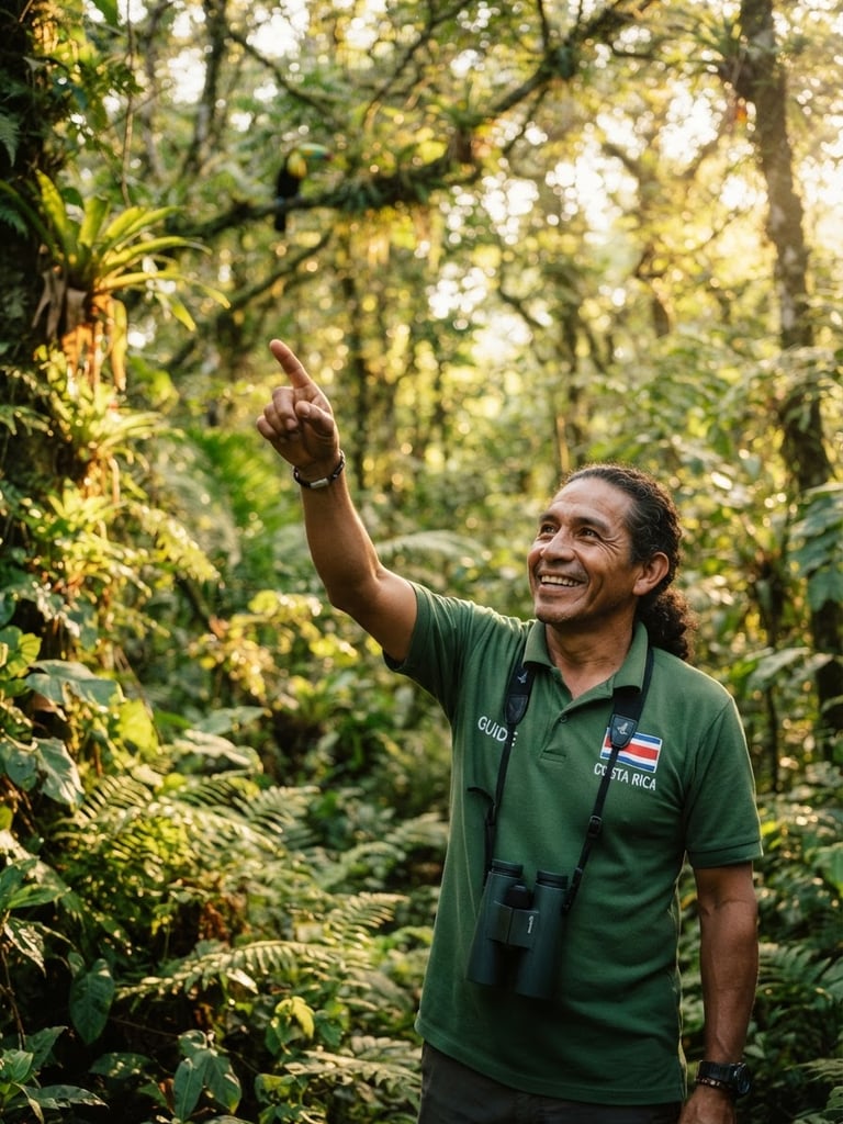 A local Costa Rican guide pointing toward the rainforest canopy, smiling, warm golden hour light filtering through leaves, 35mm photography
