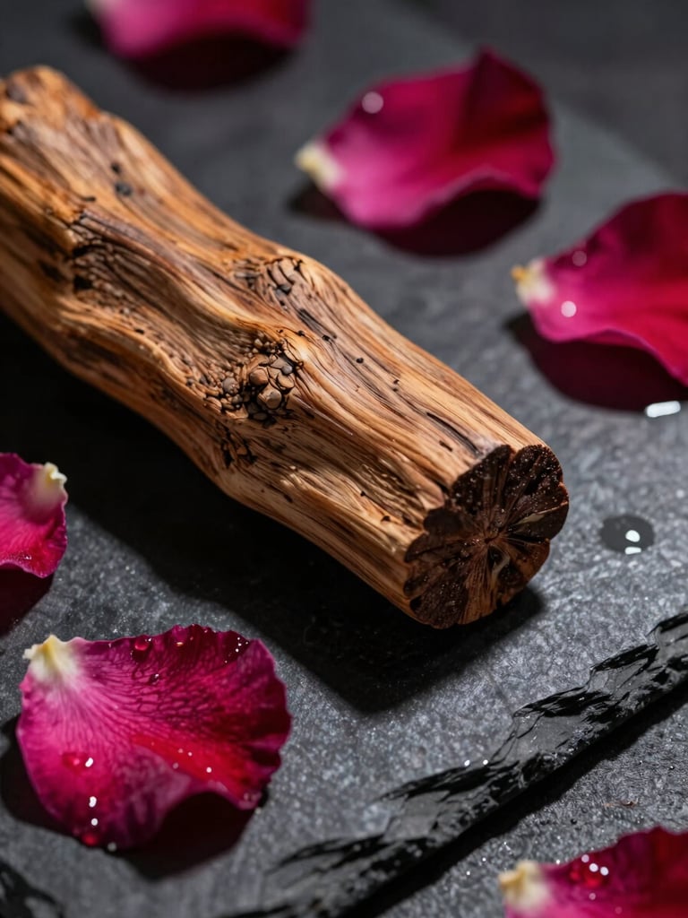 Macro shot of textured raw sandalwood and damp rose petals resting on a dark, reflective slate tile, dramatic chiaroscuro lighting