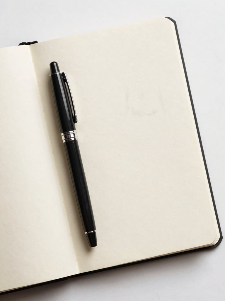 Overhead flat-lay of an open notebook on textured cream paper, a glass dip pen resting diagonally across the open spread, soft north-facing studio light revealing paper grain and faint ink line impressions, no hands visible