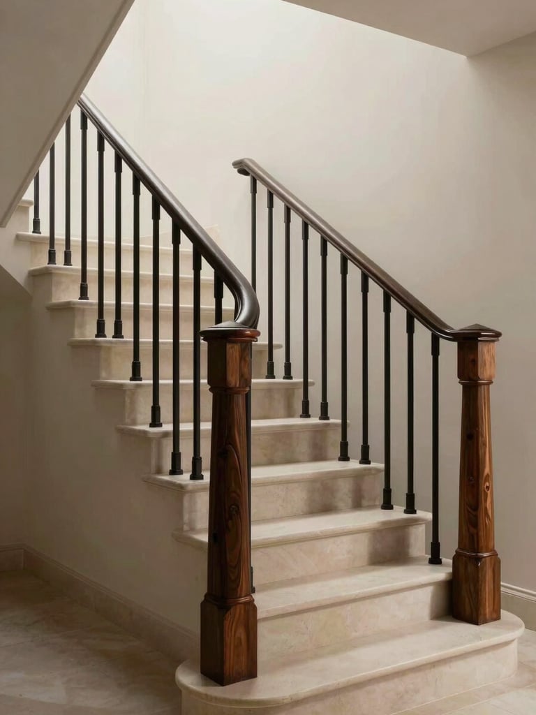 Close three-quarter view of a luxury residential staircase run in warm overcast light — dark iron railing rising in geometric precision along pale stone steps, cedar post detail at the base, deep shadow beneath each tread, no people, geometry and material weight as the sole subject