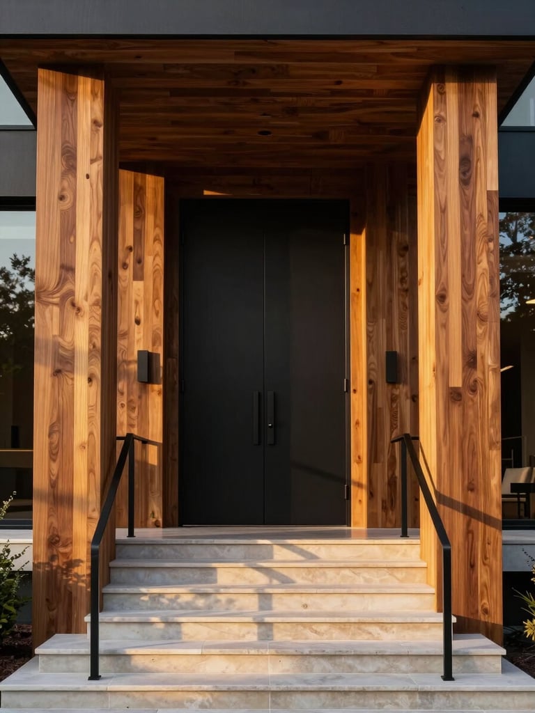 Straight-on architectural view of a dramatic modern luxury home entrance at golden hour — towering cedar columns flanking a matte black pivot door, iron railing along wide limestone stairs, warm amber side-light raking across the wood grain, deep shadow filling the recessed entry, no people present