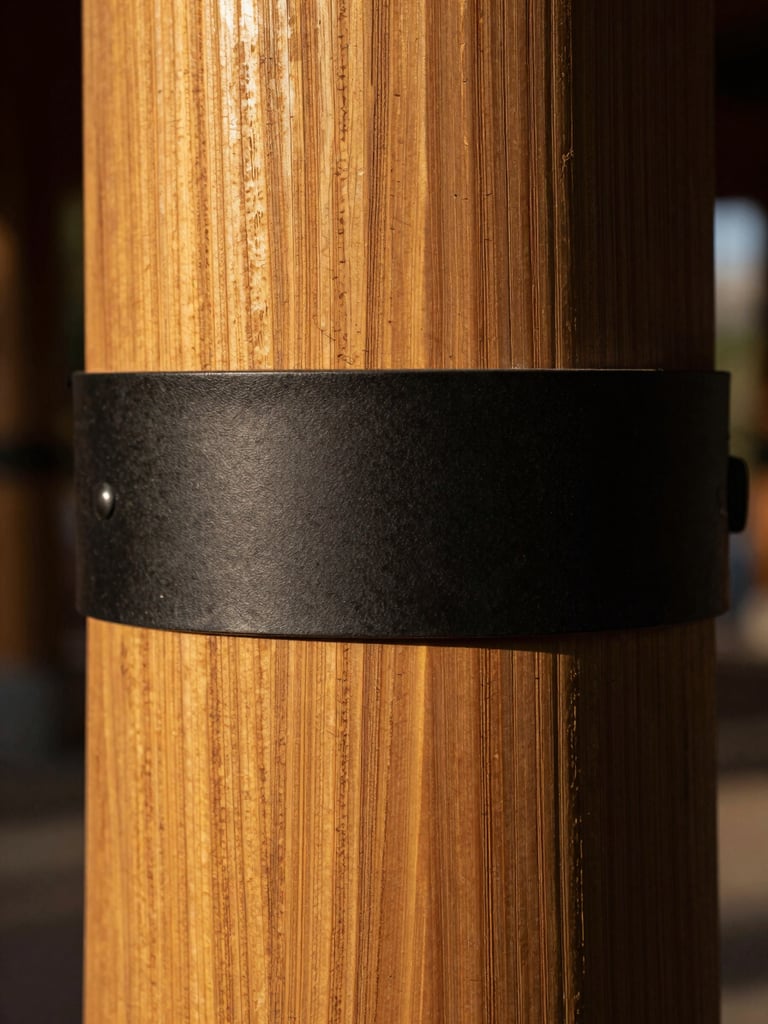 Extreme close-up of a hand-hewn cedar column base meeting a matte black iron bracket, golden side-light raking across the grain to reveal deep wood texture, tight architectural framing, no people, warm amber tones against deep shadow