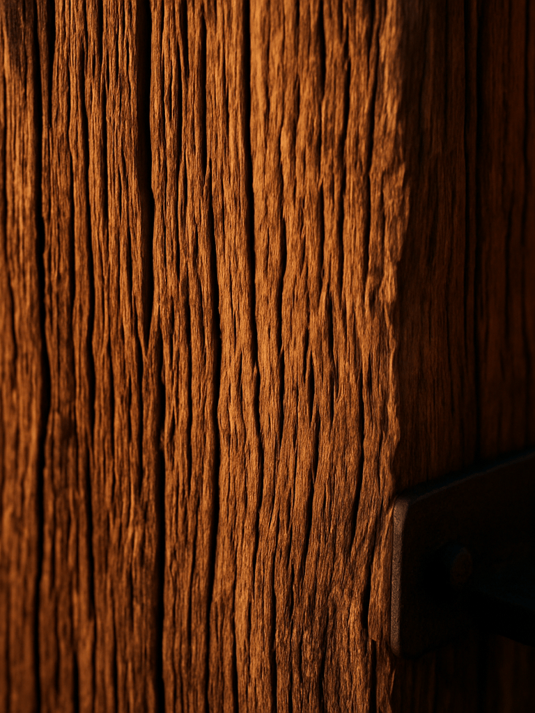 Extreme close-up of aged cedar column surface under warm golden-hour side-light, deep grain lines running vertically, matte black iron bracket hardware visible at lower right corner, shallow depth of field, no people