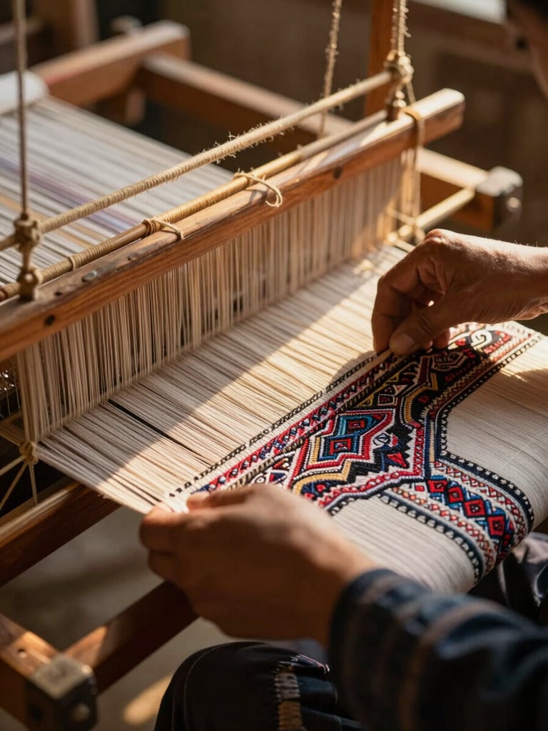 Close-up of hands weaving traditional textiles on a wooden loom, warm golden hour light, focusing on the intricate patterns and skilled craftsmanship.