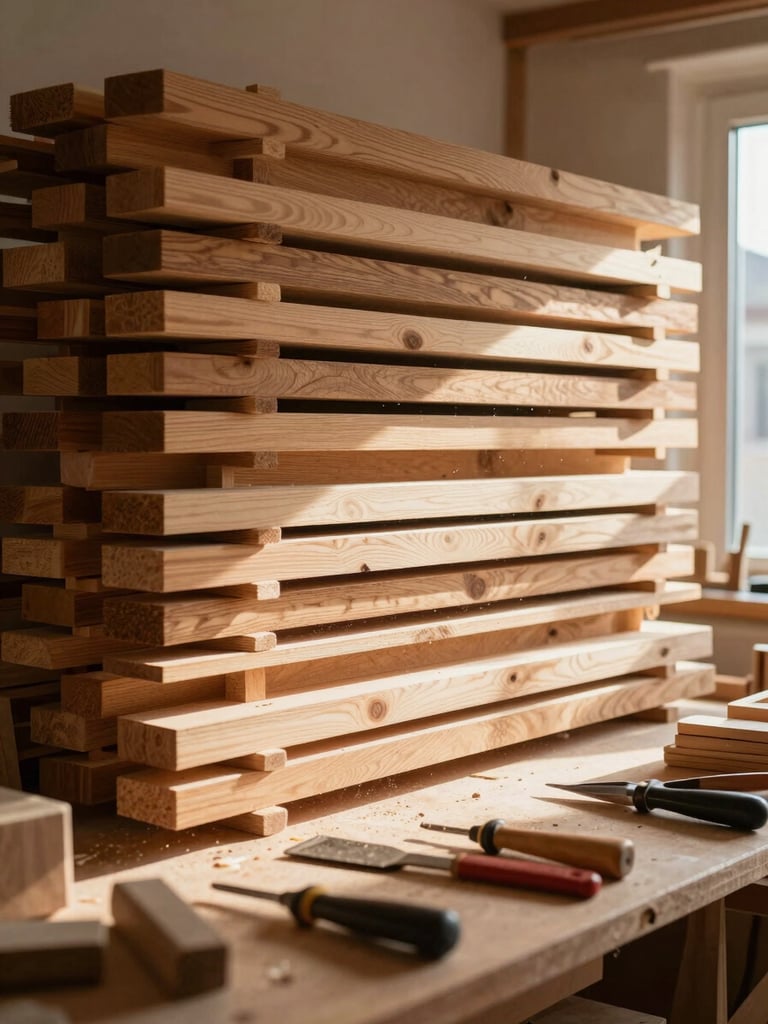 Warm editorial shot of a woodworking workshop in Izmir, wooden planks stacked neatly against a wall, sunlight filtering through dust motes, tools on a bench.