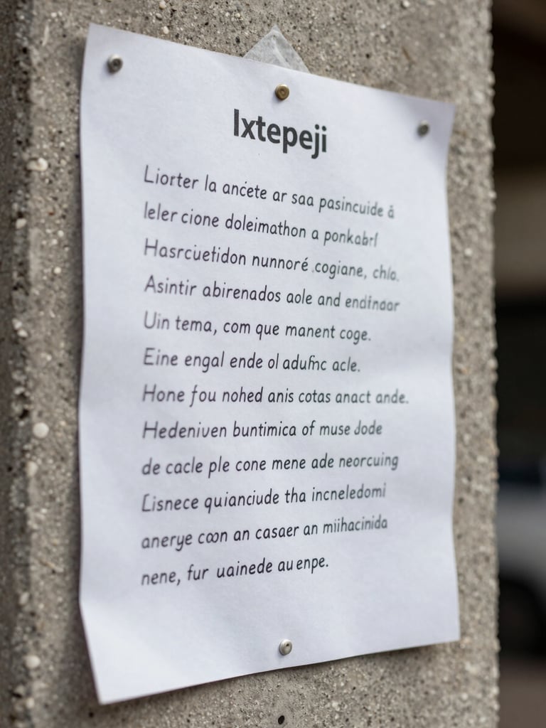 Close detail of a hand-written municipal notice posted on a concrete wall in Ixtepeji, natural daylight, paper texture visible, text intentionally unreadable