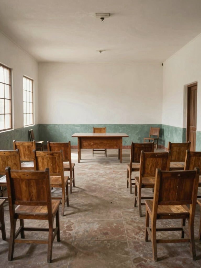 Interior of a modest municipal meeting room in a rural Oaxacan town, wooden chairs arranged in rows facing a simple table, natural light through side windows, no people, clean and functional space