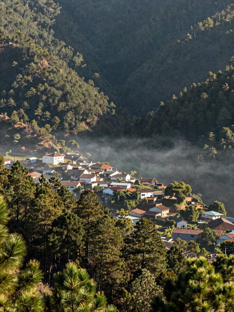 Wide view from a hillside in the Sierra Norte of Oaxaca, pine forest descending into a valley where small buildings cluster, natural morning light, mist in the lower trees, no people visible, honest documentary framing