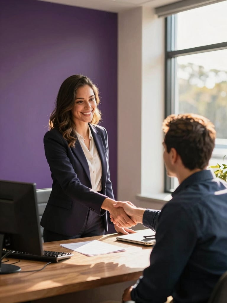 A warm, natural light-filled office in Greenville, South Carolina, where a local business owner shakes hands with a client, professional and welcoming atmosphere, 35mm.