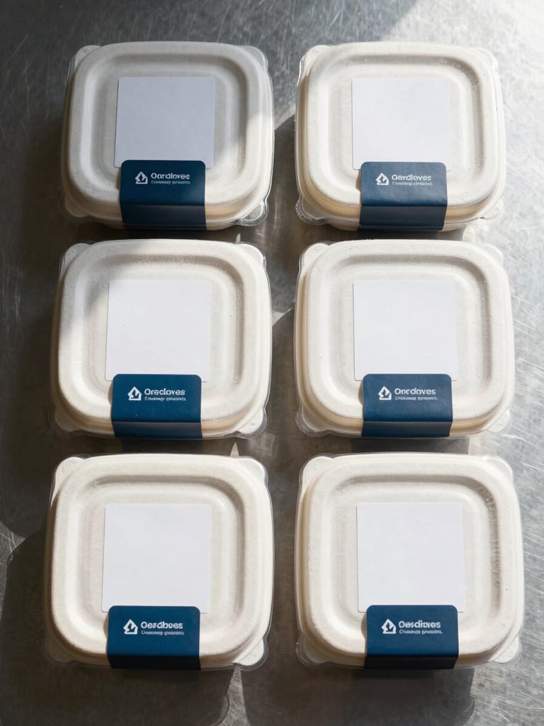 Overhead flatlay, bright north-facing natural light, four sealed corporate meal boxes arranged in a tight grid on a clean steel-gray surface, lids closed and labeled, condensation visible on one container edge, no garnish, no hands, no props—pure readiness