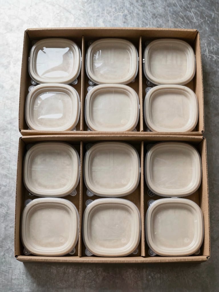 Wide overhead flatlay of a neatly packed delivery box open on a steel-gray surface, individual sealed meal containers arranged in rows inside, bright natural north-facing light, no hands, no people, precise operational framing