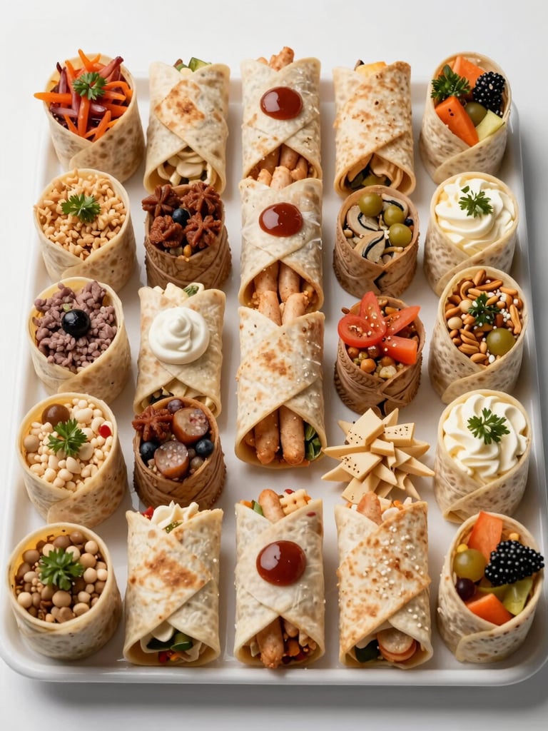 Overhead close-detail shot of a sealed platter of mixed finger foods and wraps arranged in neat rows on a white surface, bright studio light rendering each item accurately, no shadows, no garnish