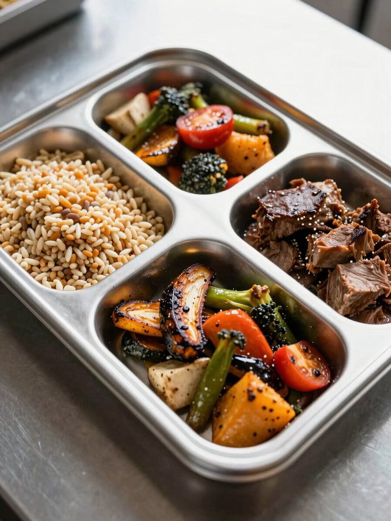 Overhead close-detail shot of a corporate catering platter with sectioned compartments — grains, roasted vegetables, and protein — on a steel-gray surface, bright natural studio light from above, no garnish theater, food in its delivered ready-to-serve state