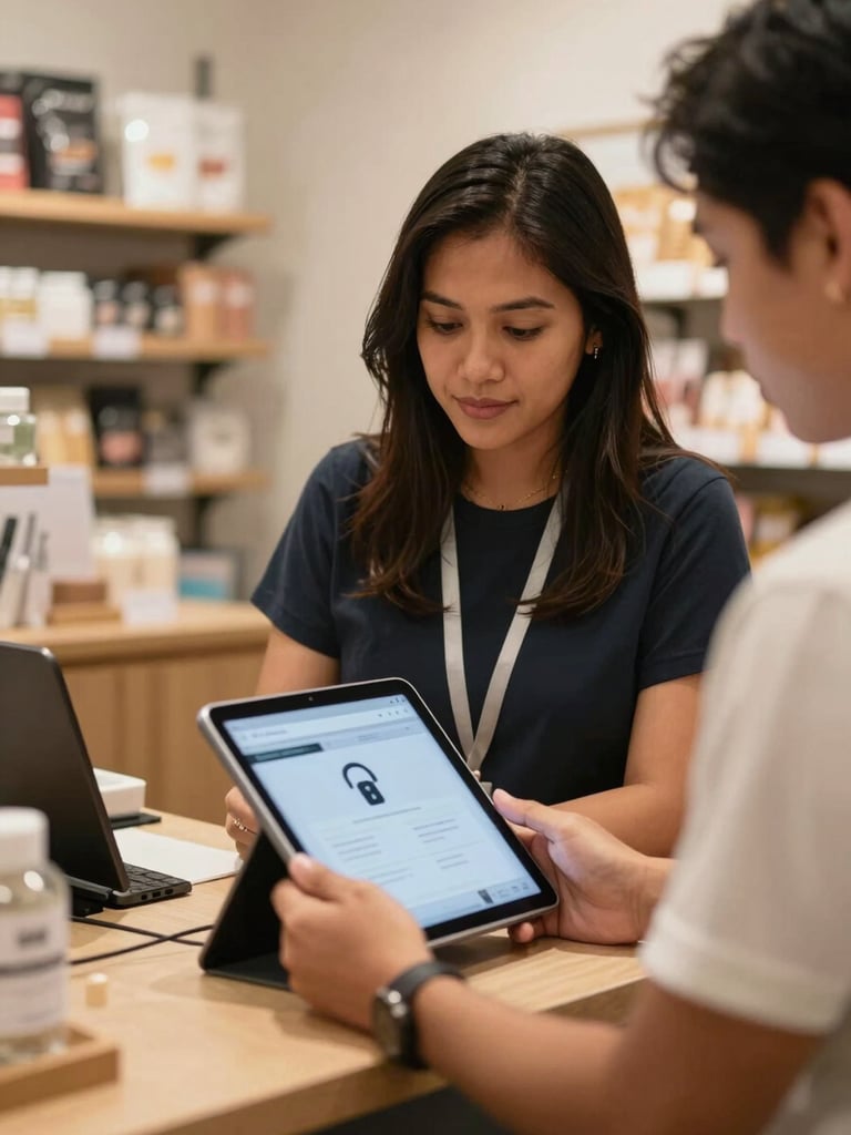 Filipino business owner at a retail counter, focused on a tablet showing a website with a visible browser padlock, warm indoor shop lighting, shelves of products softly blurred in the background, medium shot of hands and face