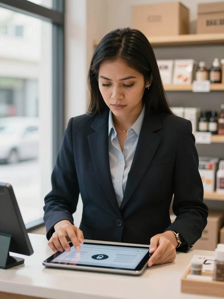 Medium shot from table level, Filipino business owner at a retail counter in a small shop, natural window light from the left, hands on a tablet showing a browser address bar with a padlock icon clearly visible, background shelves slightly out of focus, calm focused expression