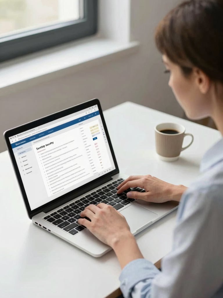 Medium shot from slightly above, European businesswoman at a tidy desk under neutral office window light, reviewing a browser security dashboard on a laptop screen showing certificate details, hands resting on keyboard, focused expression, clean desk with coffee cup in background right corner