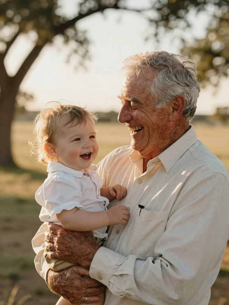 A warm, sun-drenched vertical portrait of an elderly grandfather laughing candidly with a toddler at an outdoor Texas ranch wedding, golden hour light, soft focus background.
