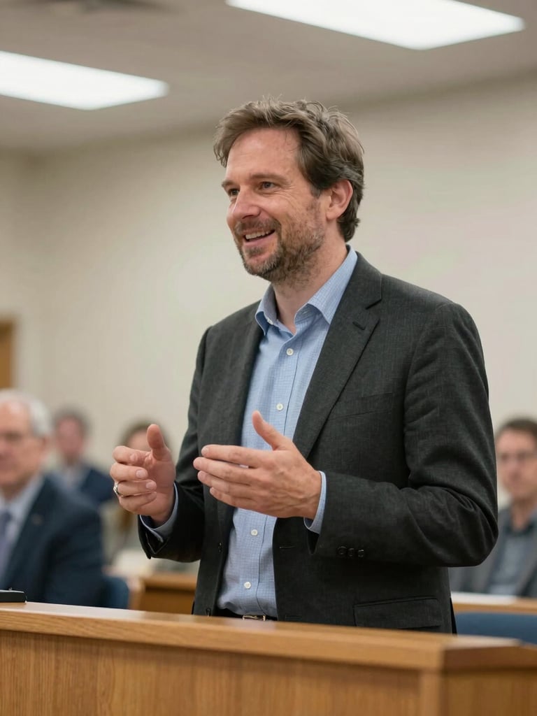 Candid medium shot of Pete Kelzenberg speaking warmly at a local school board meeting, natural indoor lighting, unposed.