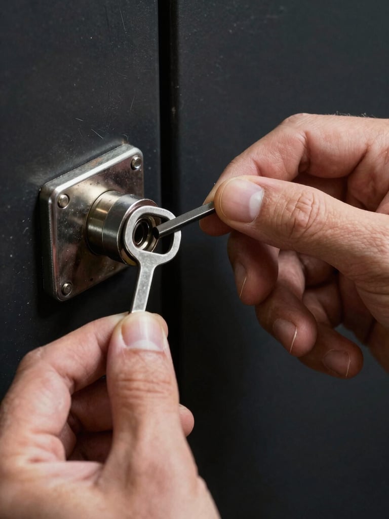 Close-up of a locksmith's hands inserting a pick tool into a door lock cylinder, high-contrast direct strobe lighting, dark background, metal mechanism sharply in focus, knuckles and tool grip visible
