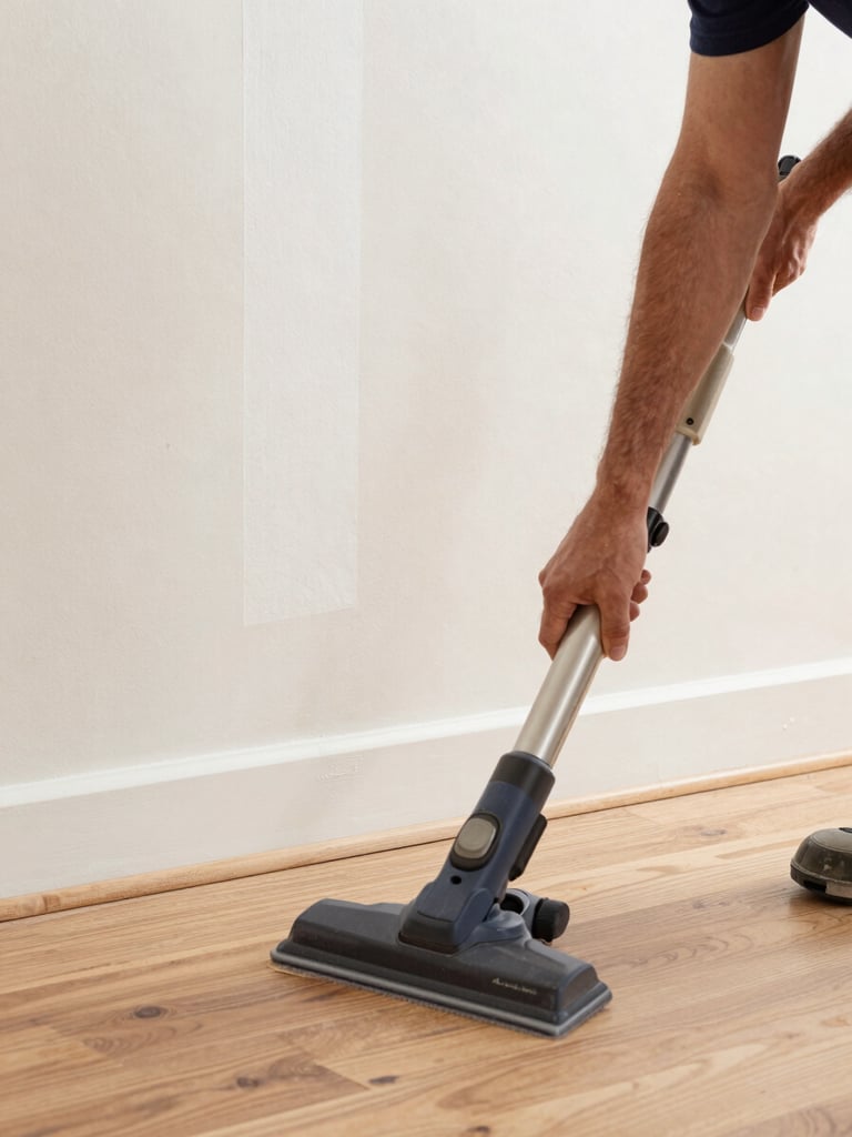 Crisp documentary photography of a technician vacuuming a clean wooden floor next to a newly repaired drywall patch, bright natural daylight.