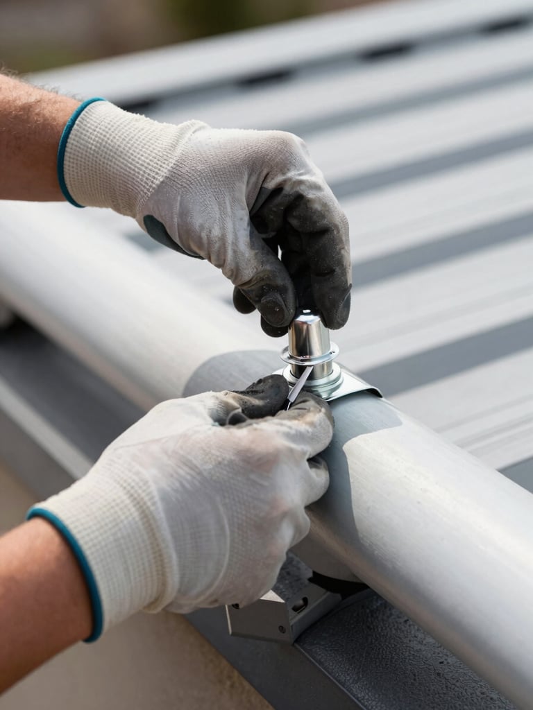 Crisp close-up documentary shot of a technician's hands in safety gloves carefully sealing a roof vent pipe with high-grade flashing, bright natural daylight