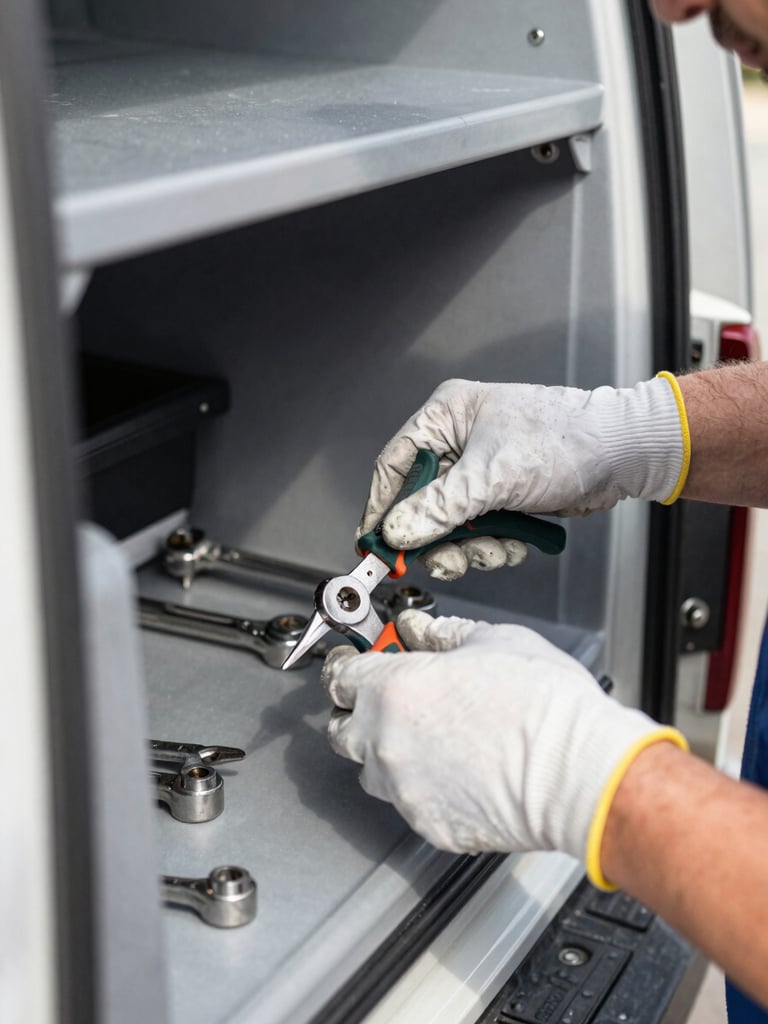 A close-up of a technician's hands in protective gloves organizing clean, professional tools inside a well-lit utility truck, bright natural daylight, sharp focus.