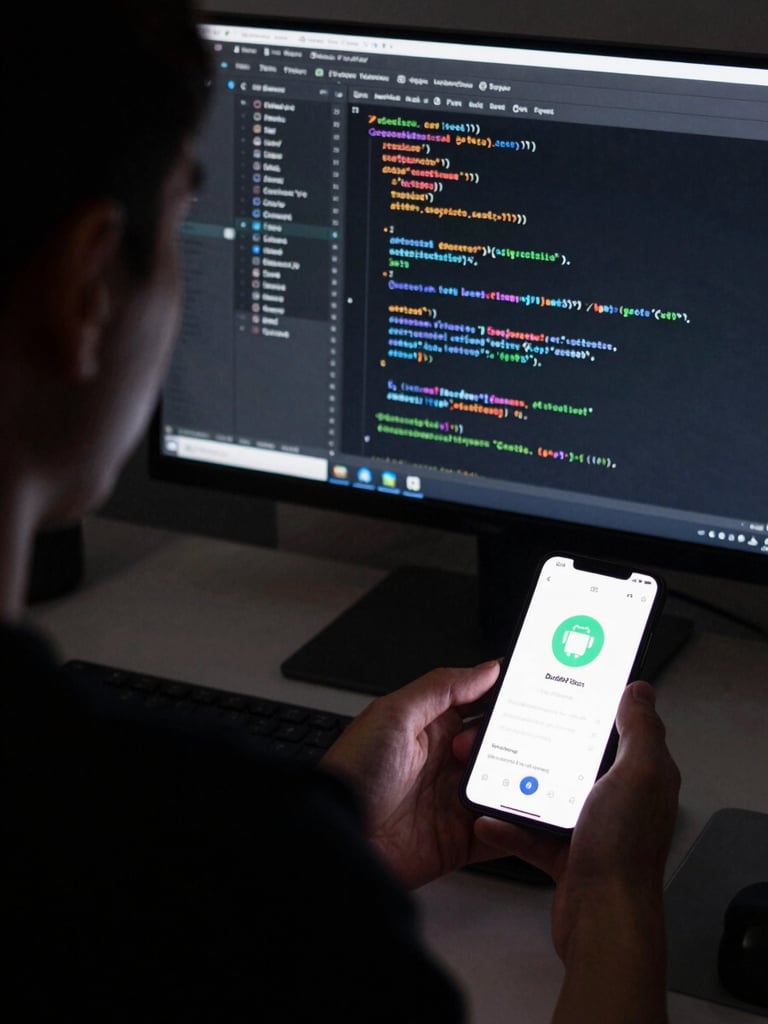 Tight over-the-shoulder perspective of a developer inspecting native Swift code on a dark monitor next to a physical Android device displaying a live app layout