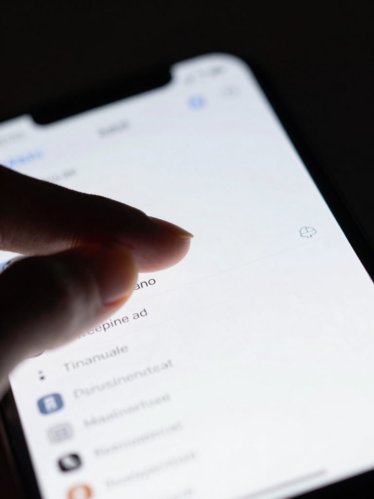 Macro shot of a hand tapping a clean, high-contrast digital ledger interface on an iPhone screen, cool studio lighting, shallow depth of field