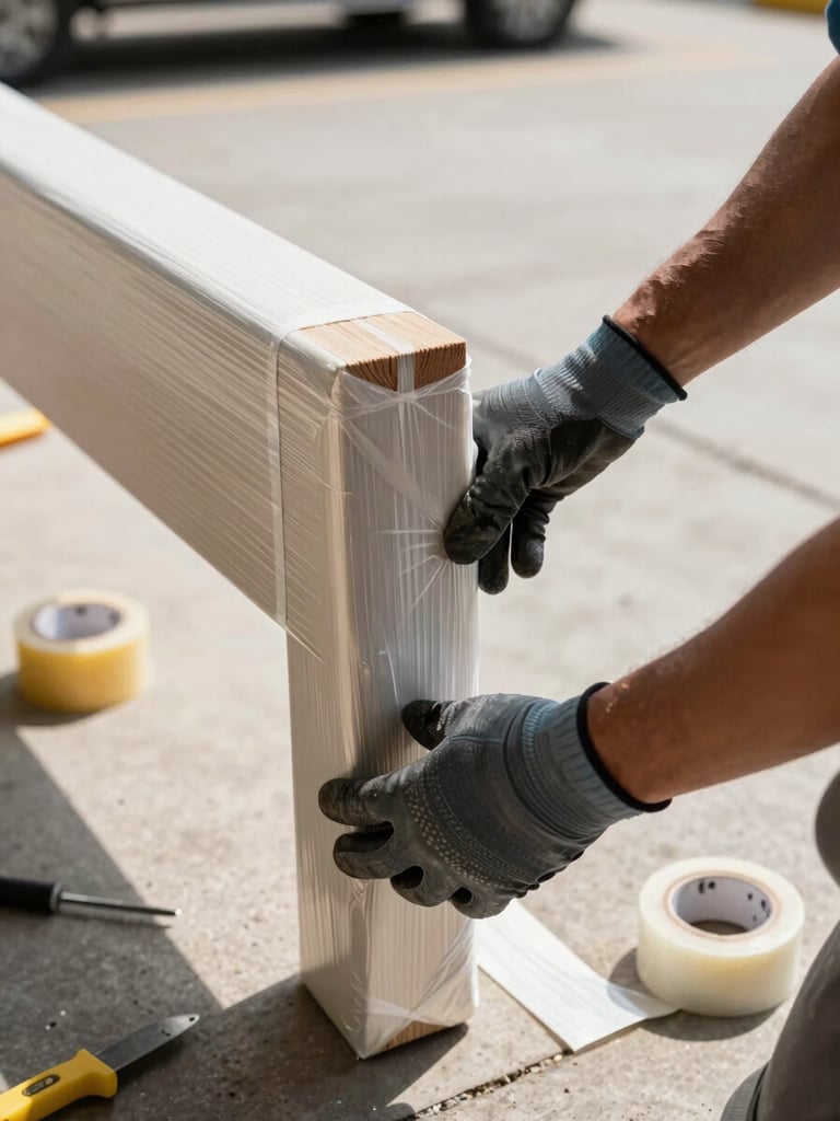 Close-up of gloved hands securing a wrapped furniture leg with stretch film on a loading dock, natural warehouse daylight, tools and packing tape visible in background