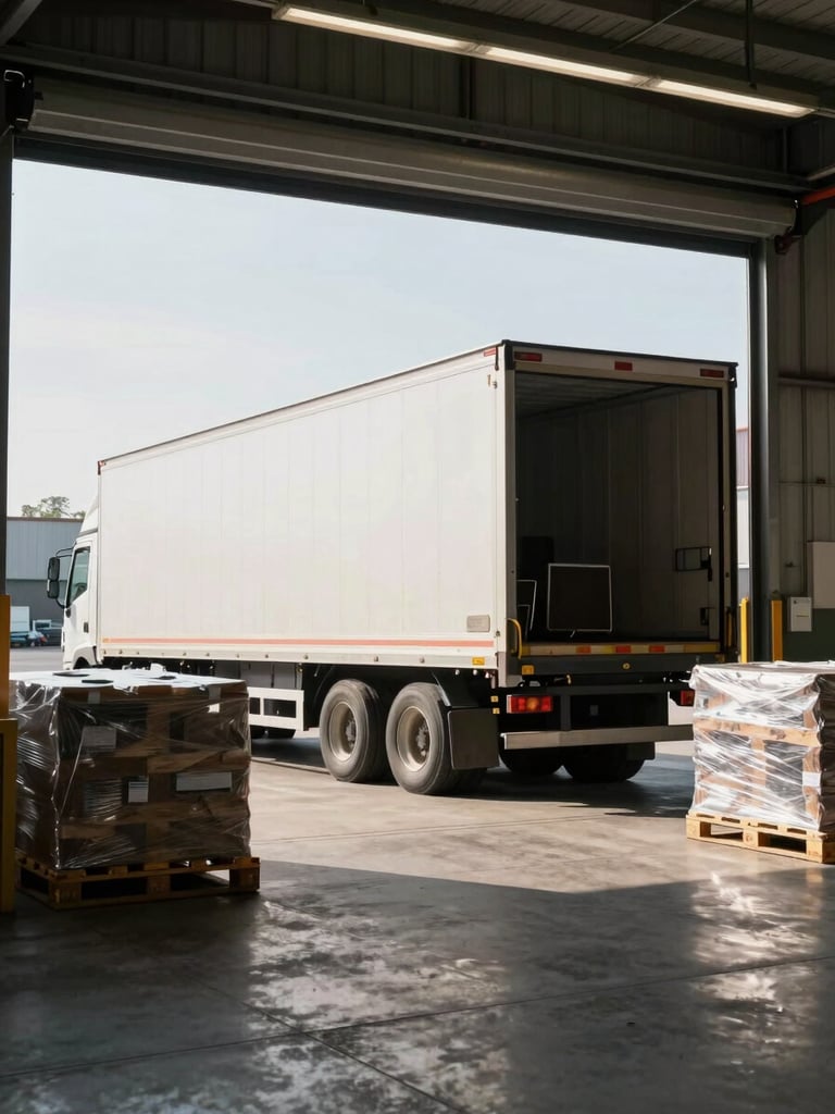 Wide environmental shot of a loading bay interior in natural daylight, a large moving truck backed up to the dock, pallets and wrapped furniture visible in the foreground, no people, industrial floor and high warehouse ceiling framing the scene