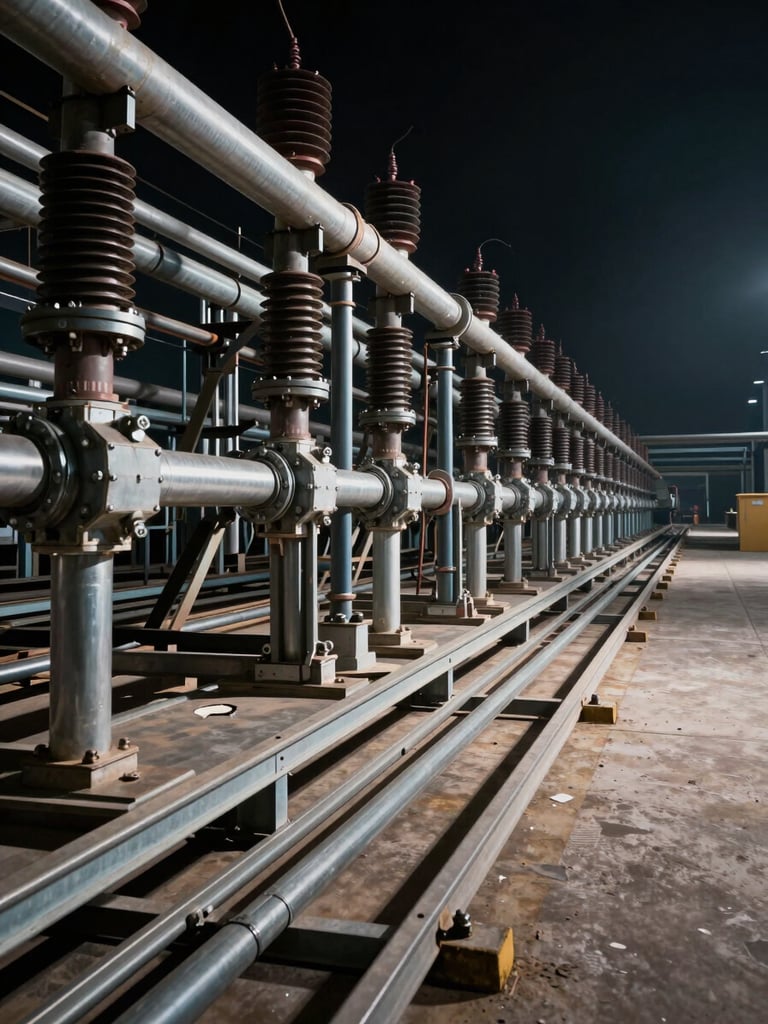 Wide industrial plant floor shot from the left side, heavy electrical conduit systems running along steel cable trays toward the right edge, hard directional overhead lighting casting strong shadows across metal fittings and armored cables, dark background with precise material detail